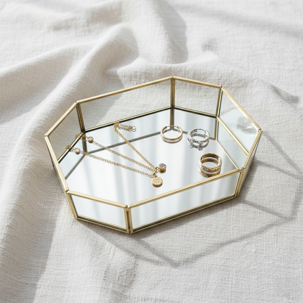 Luxury Solid Brass Hexagon Glass Vanity Tray with Mirrored Base