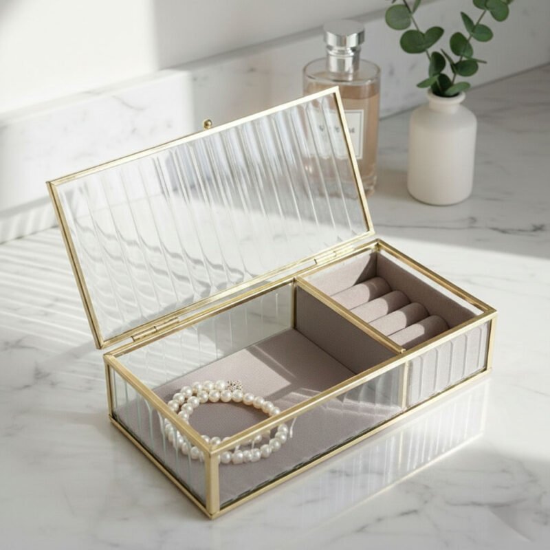 Vintage Gold Finished Iron Jewelry Box with Ribbed Glass (Grey Flannel)