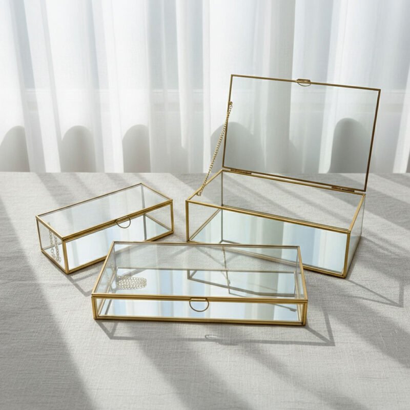 Modern 3-Piece Rectangular Brass Jewelry Box Set - Clear Glass Nesting Keepsake Cases