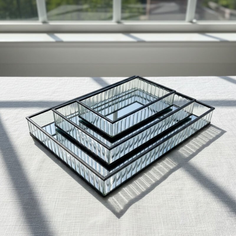 Modern 3-Piece Nesting Mirror Tray Set - Black & Gold Metal Decorative Organizer