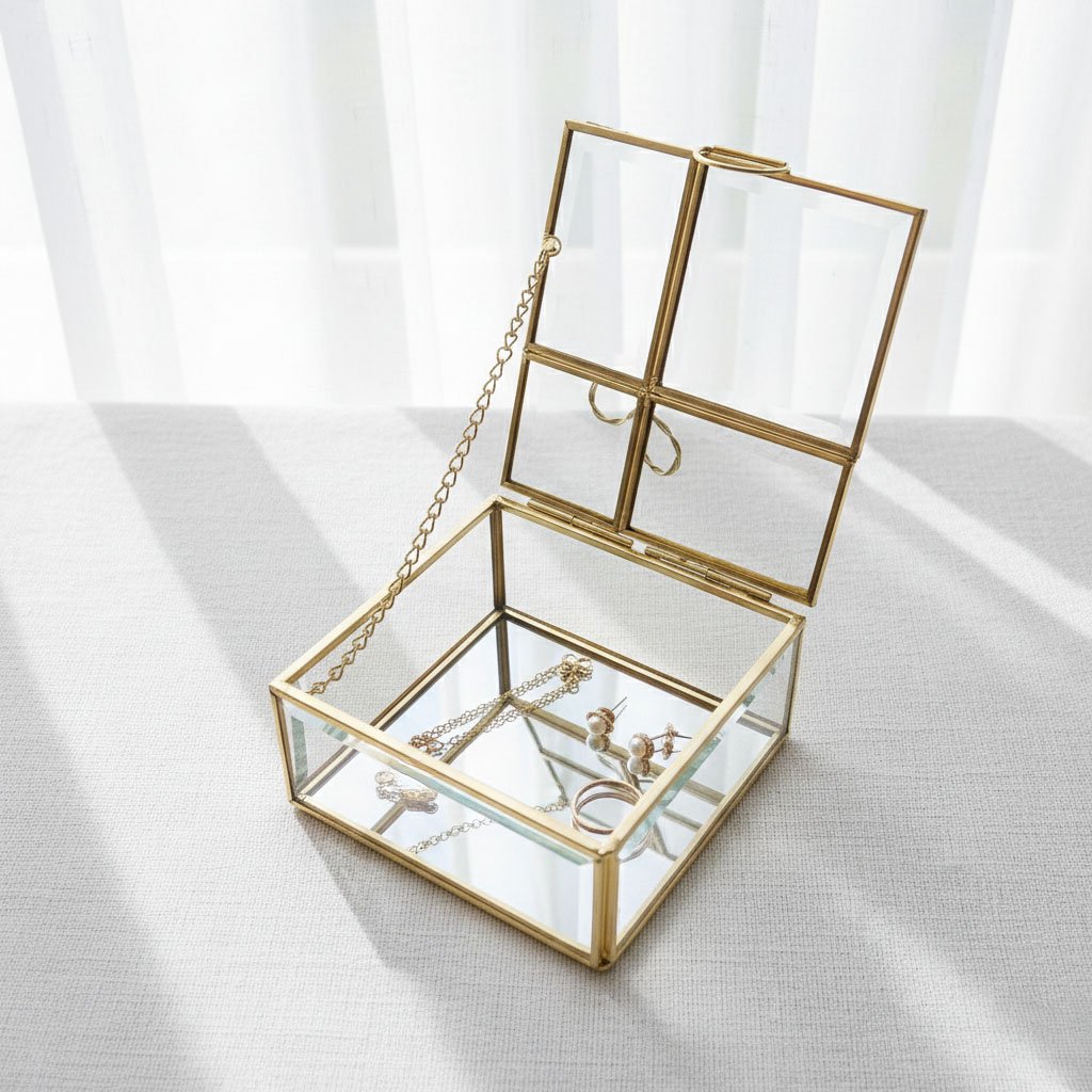 Vintage Rectangular Brass Jewelry Box - Twisted Rope Edge Glass Keepsake Chest - Image 2