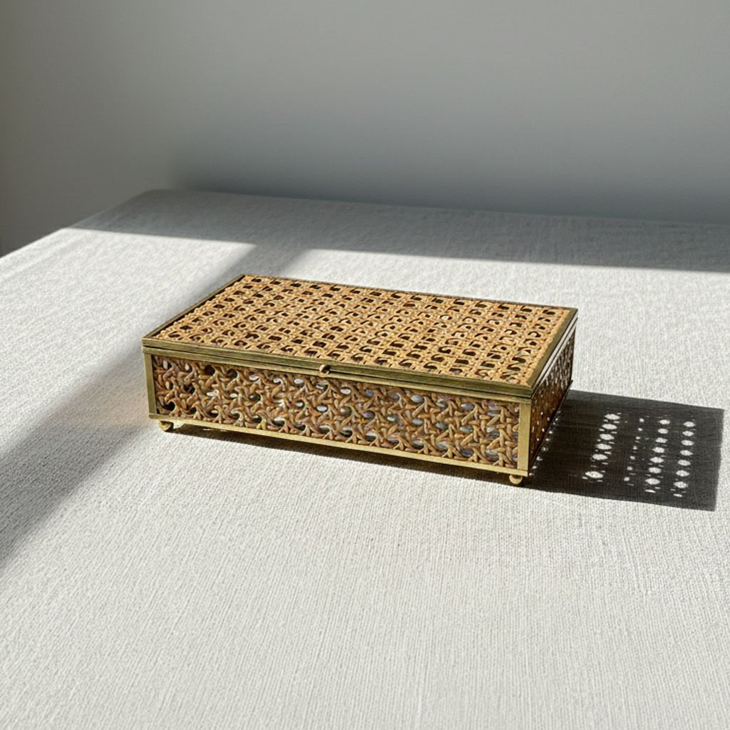 Vintage Rectangular Gold Metal Jewelry Box with Natural Rattan Weave Detail - Image 2