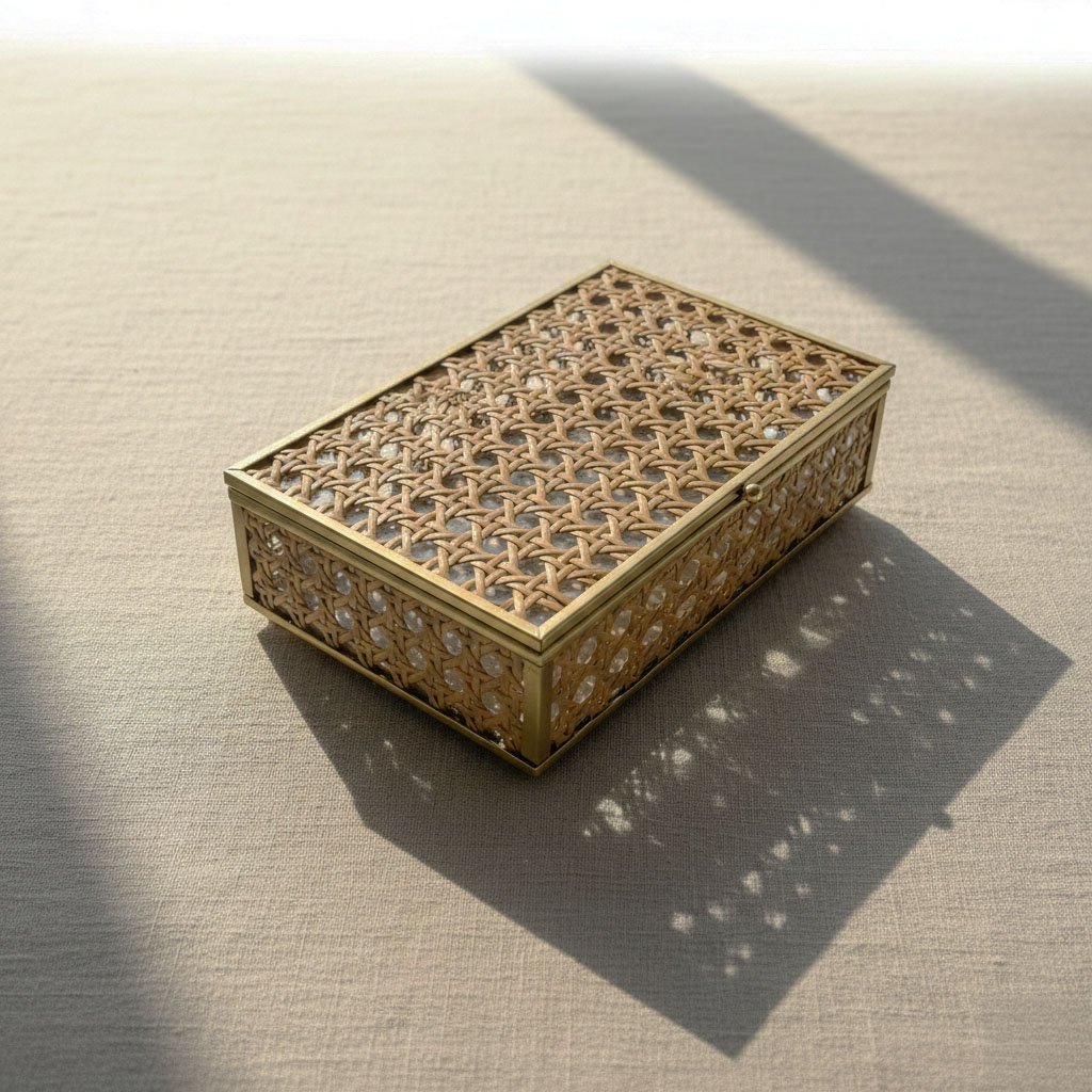 Vintage Rectangular Gold Metal Jewelry Box with Natural Rattan Weave Detail - Image 3