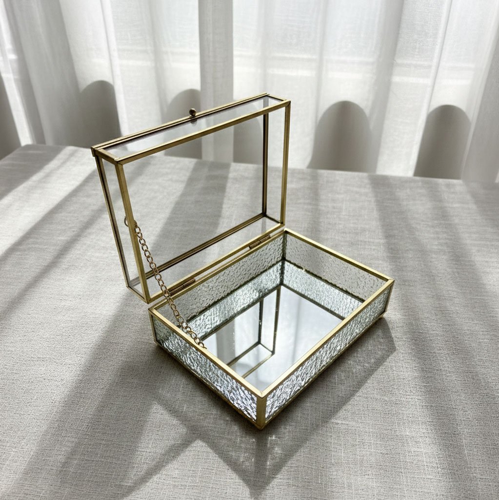 Modern Rectangular Glass Jewelry Box - Clear Keepsake Case with Gold Metal Frame - Image 2