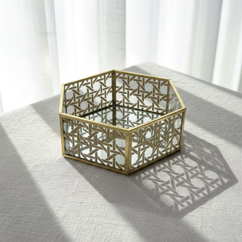 Modern Hexagon Gold Mirror Tray with Mesh Silk-Screen Pattern