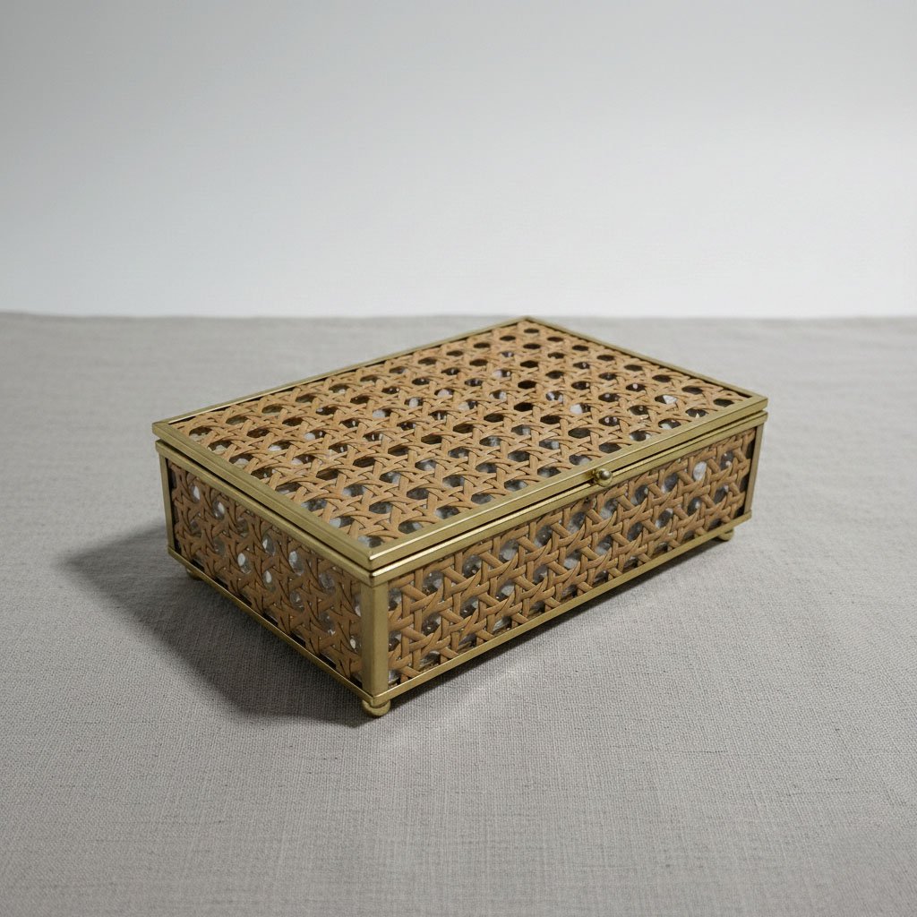 Vintage Rectangular Gold Metal Jewelry Box with Natural Rattan Weave Detail - Image 4