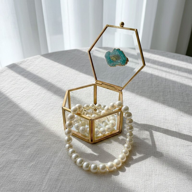 Modern Hexagon Brass Jewelry Box - Clear Glass Keepsake Case with Hinged Lid