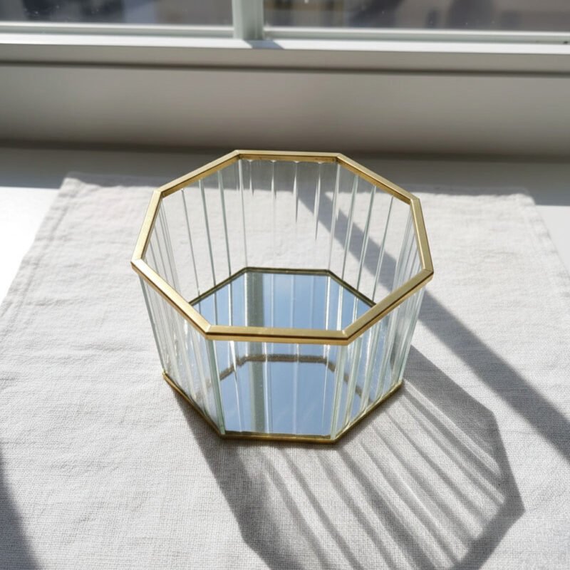 Modern Hexagon Gold Metal Mirror Tray - Geometric Glass Vanity Organizer