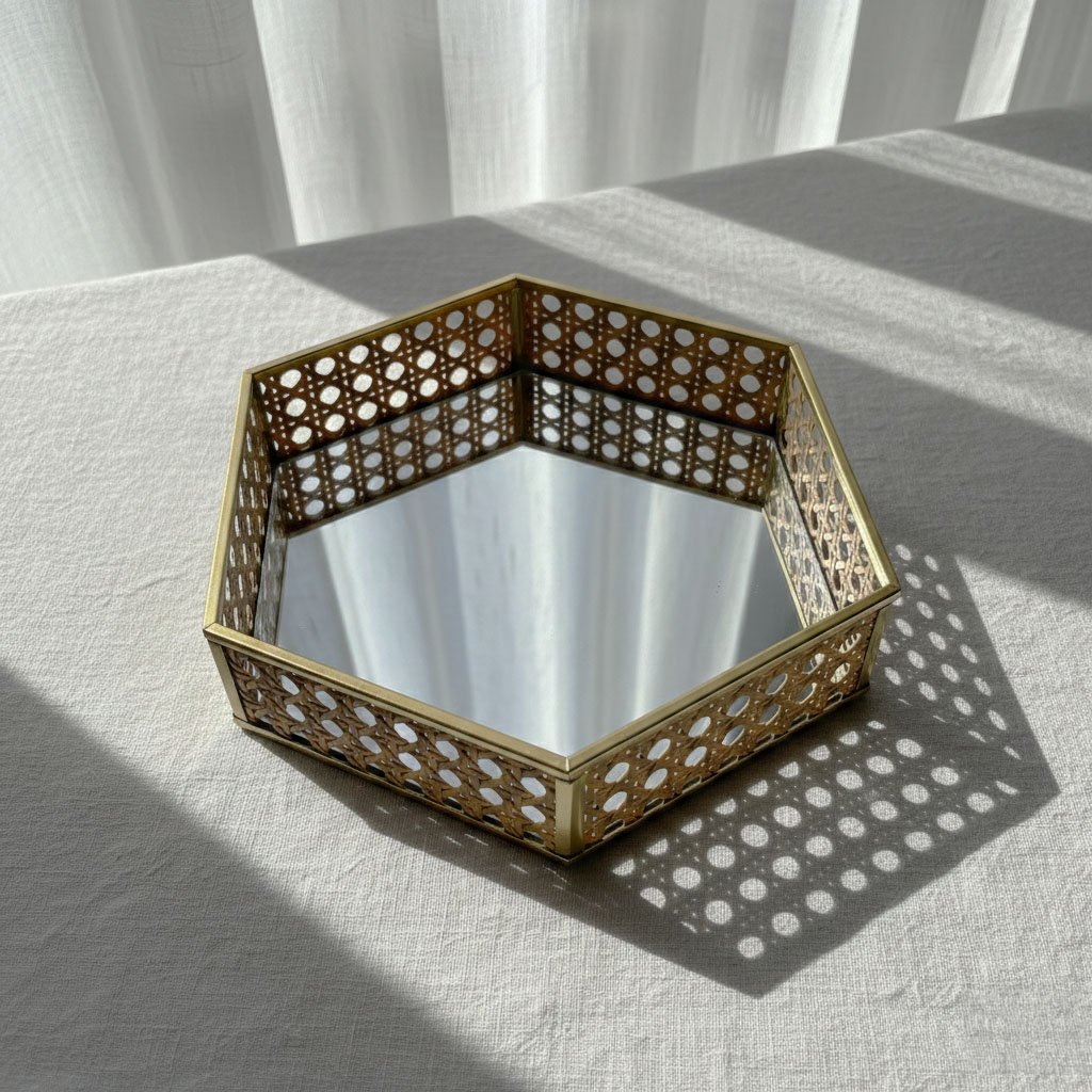 Modern Geometric Rattan & Gold Metal Mirror Tray - Hexagon & Octagon Vanity Set - Image 8