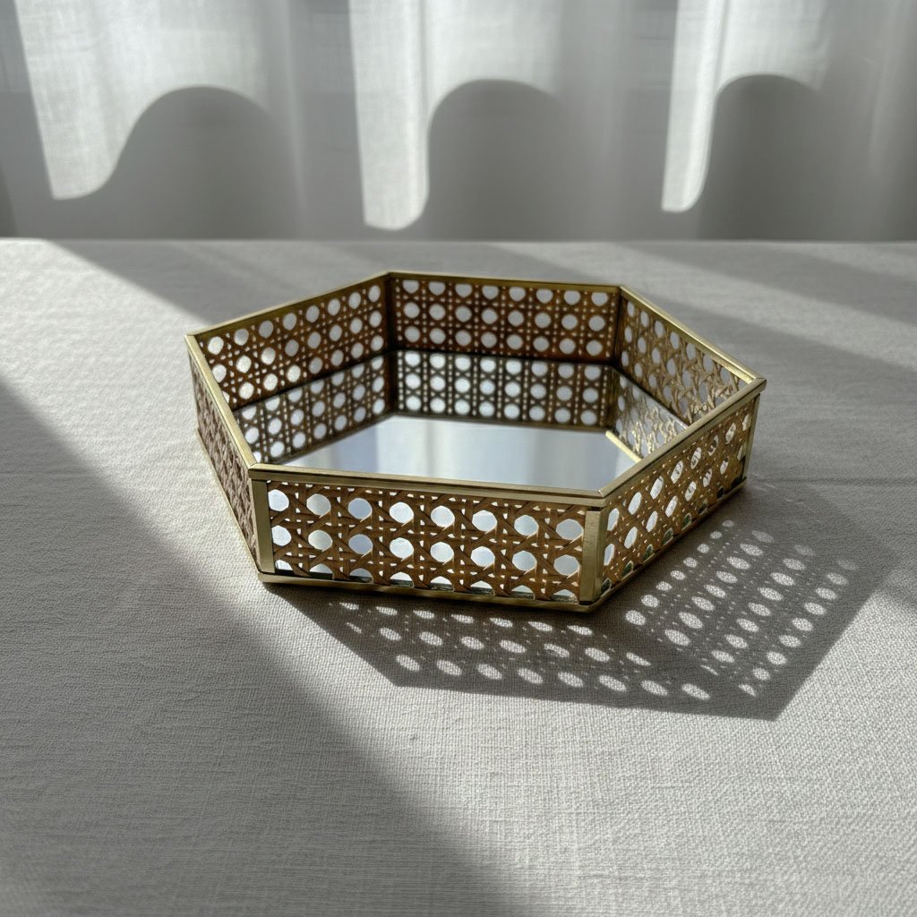 Modern Geometric Rattan & Gold Metal Mirror Tray - Hexagon & Octagon Vanity Set - Image 7
