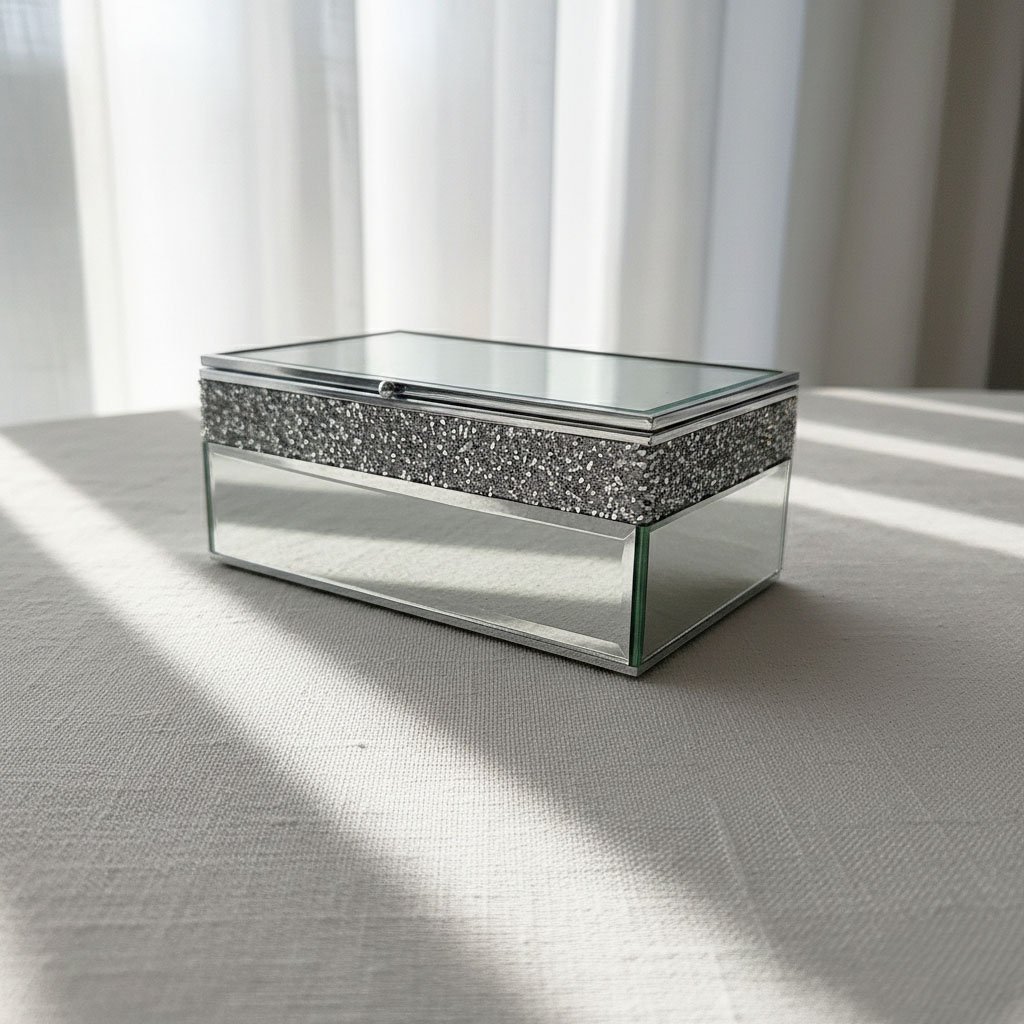 Modern Rectangular Glass Jewelry Box with Crushed Diamond Detail & Silver Metal Frame - Image 4