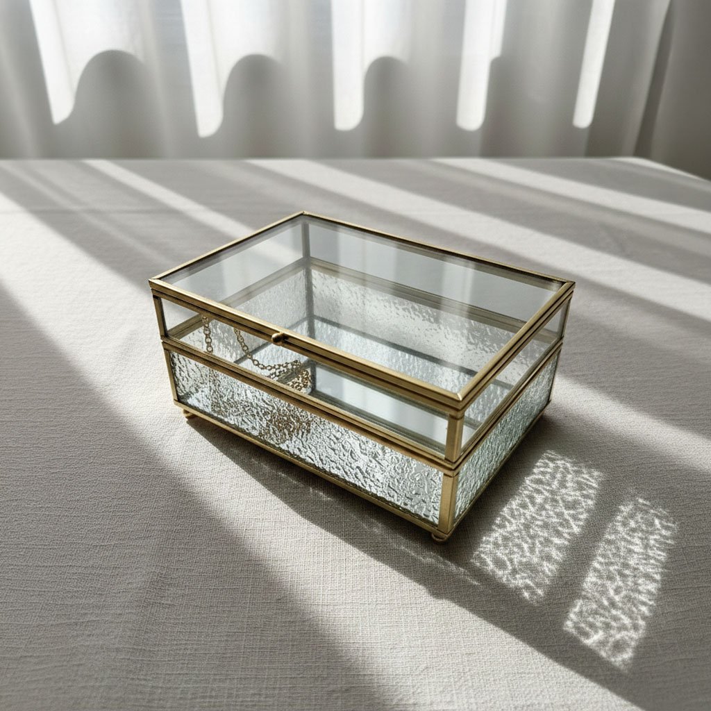 Modern Rectangular Glass Jewelry Box - Clear Keepsake Case with Gold Metal Frame - Image 4