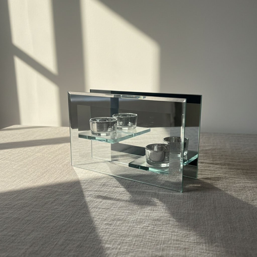 Modern Mirrored Glass T-Light Candle Holder - Double Tea Light Sconce with Reflective Backdrop - Image 3