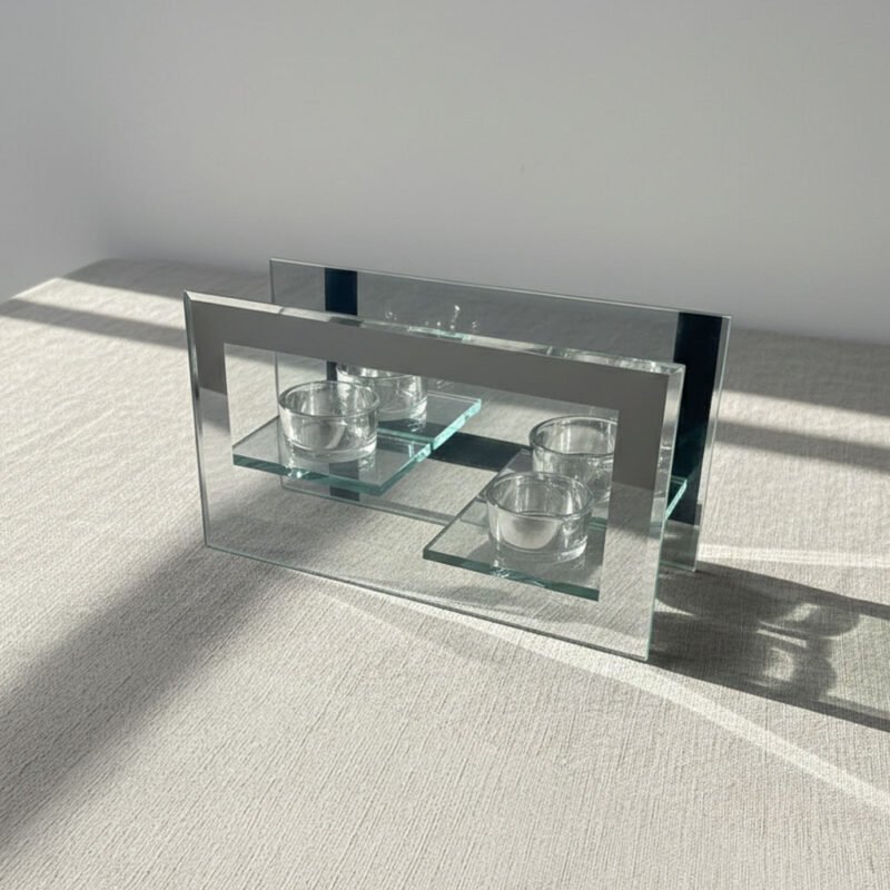 Modern Mirrored Glass T-Light Candle Holder - Double Tea Light Sconce with Reflective Backdrop