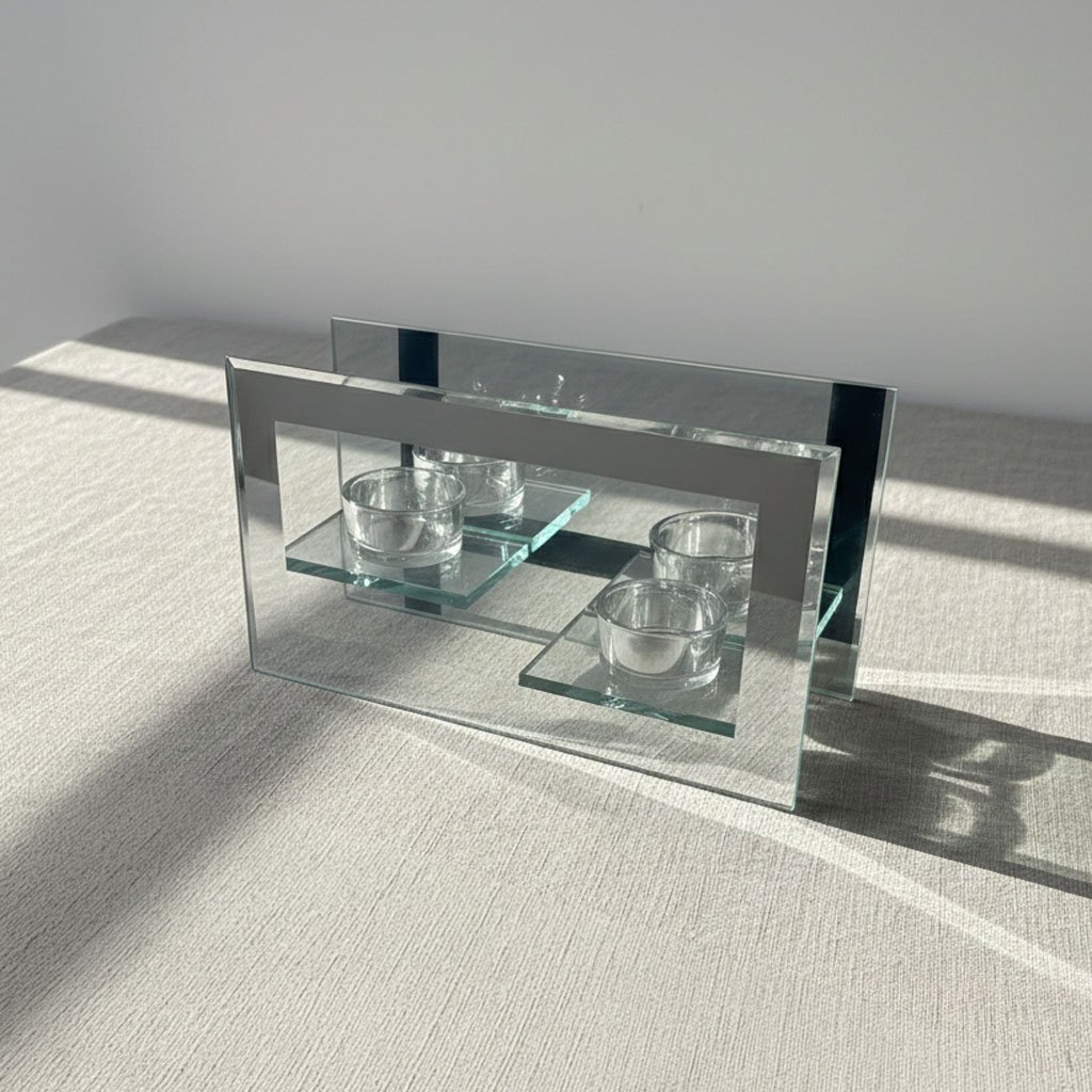 Modern Mirrored Glass T-Light Candle Holder - Double Tea Light Sconce with Reflective Backdrop