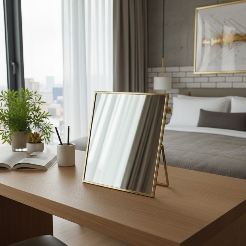 Modern Minimalist Rectangular Table Mirror - Sleek Gold Metal Frame Vanity Mirror with Adjustable Stand
