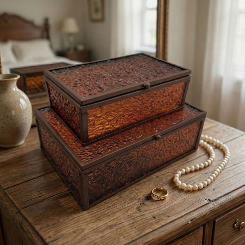 Retro Rectangular Glass Keepsake Box Set - Large & Small Decorative Chests