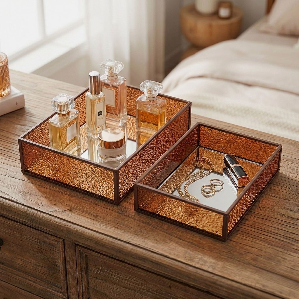 Modern 2-Piece Nesting Mirror Tray Set - Rectangular Vanity Organizer