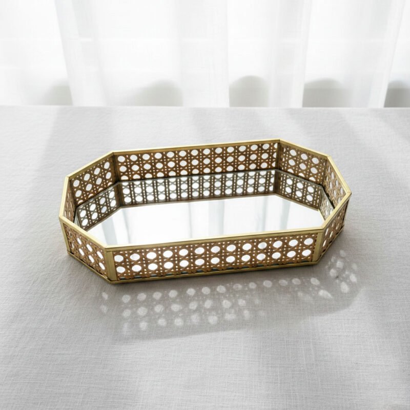 Modern Geometric Rattan & Gold Metal Mirror Tray - Hexagon & Octagon Vanity Set