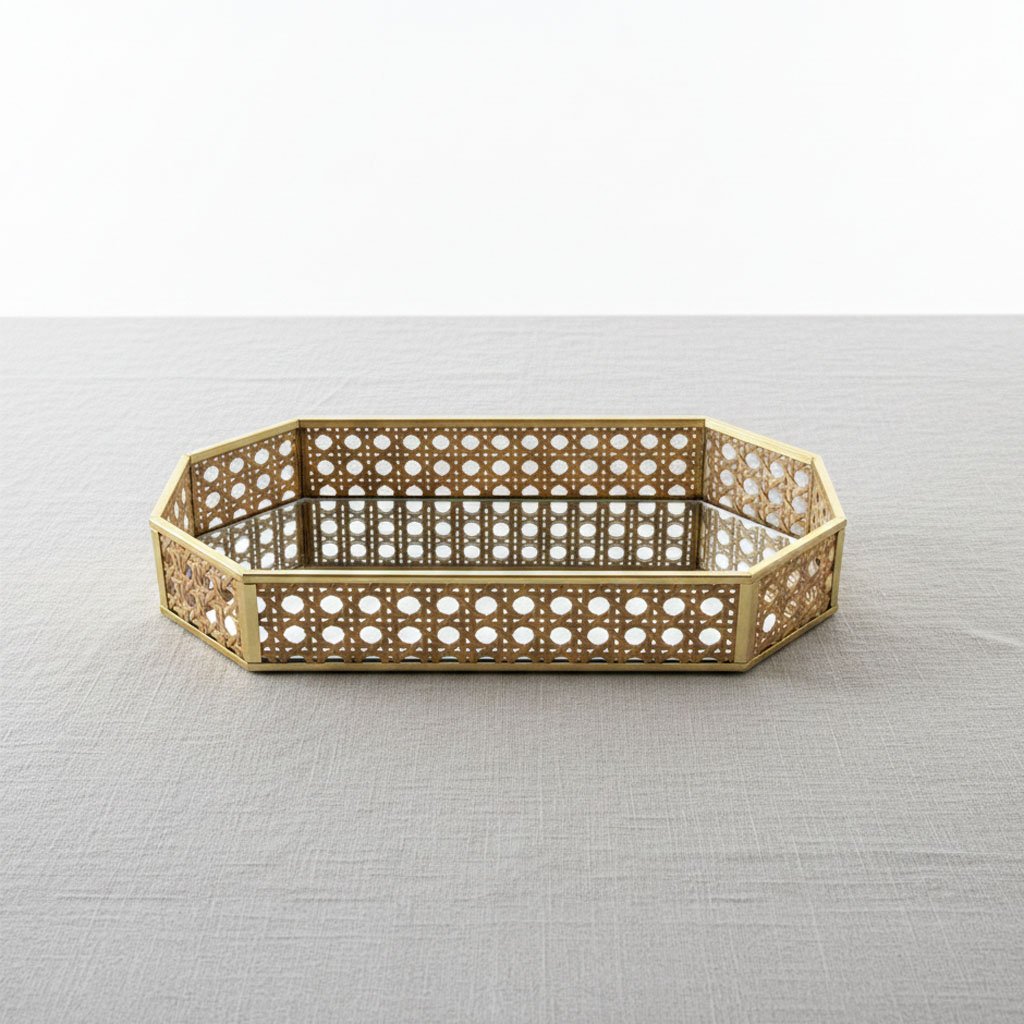 Modern Geometric Rattan & Gold Metal Mirror Tray - Hexagon & Octagon Vanity Set - Image 5