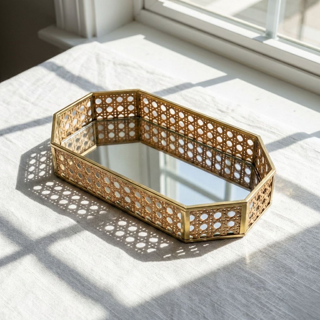 Modern Geometric Rattan & Gold Metal Mirror Tray - Hexagon & Octagon Vanity Set - Image 4