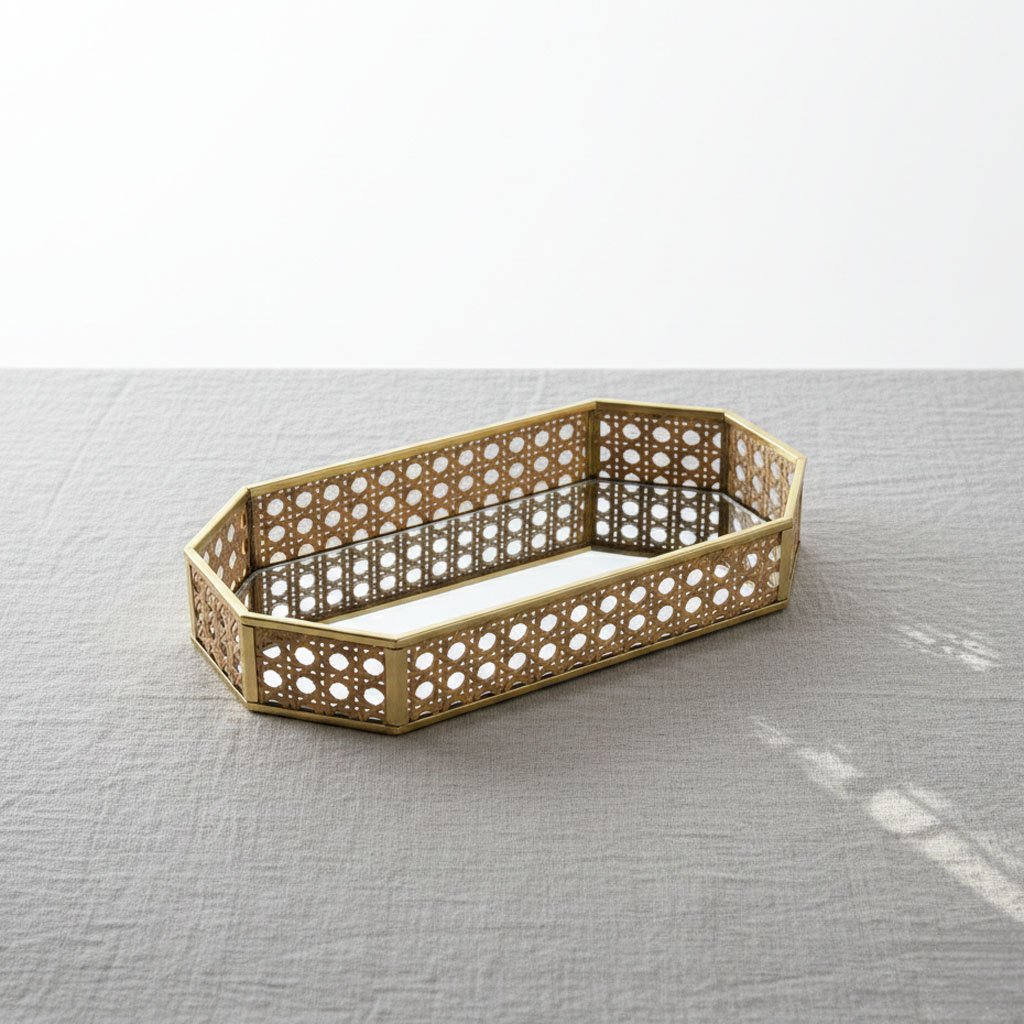 Modern Geometric Rattan & Gold Metal Mirror Tray - Hexagon & Octagon Vanity Set - Image 3