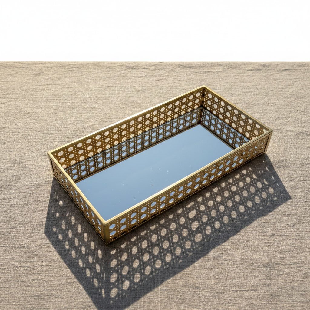 Modern Rectangular Gold Metal Tray with Natural Rattan Inlay & Mirror Base - Image 6