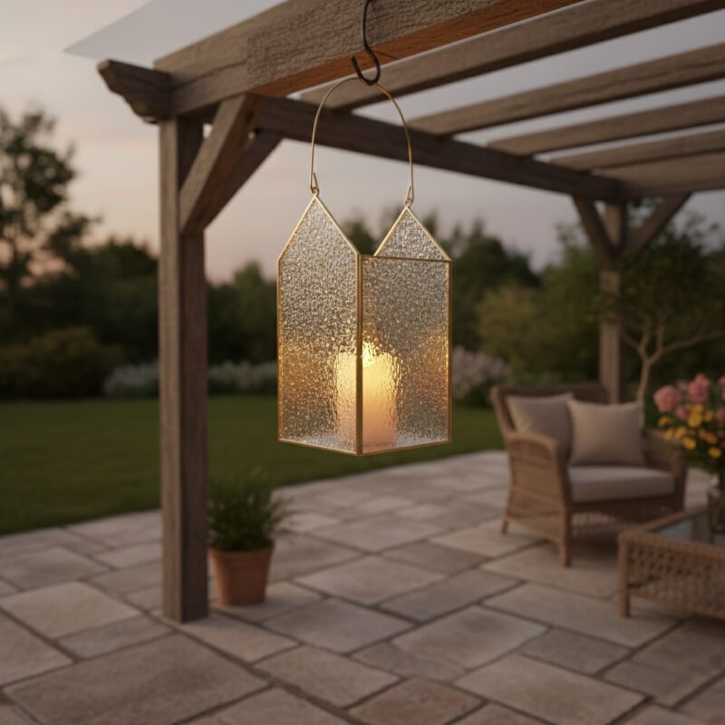 Modern Gable-Top Glass Lantern Set - Pair of Decorative Brass Candle Holders with Hanging Handles