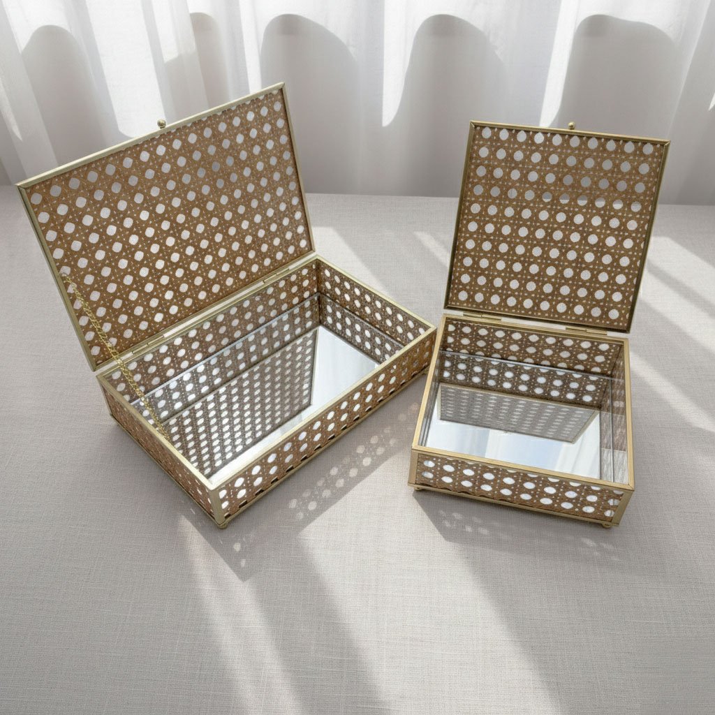 Vintage Rectangular Gold Metal Jewelry Box with Natural Rattan Weave Detail