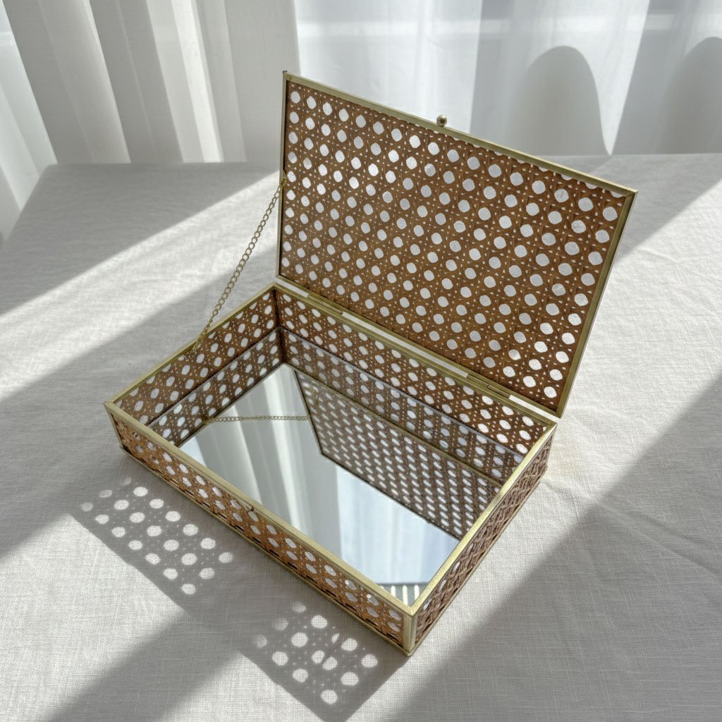 Vintage Rectangular Gold Metal Jewelry Box with Natural Rattan Weave Detail - Image 6