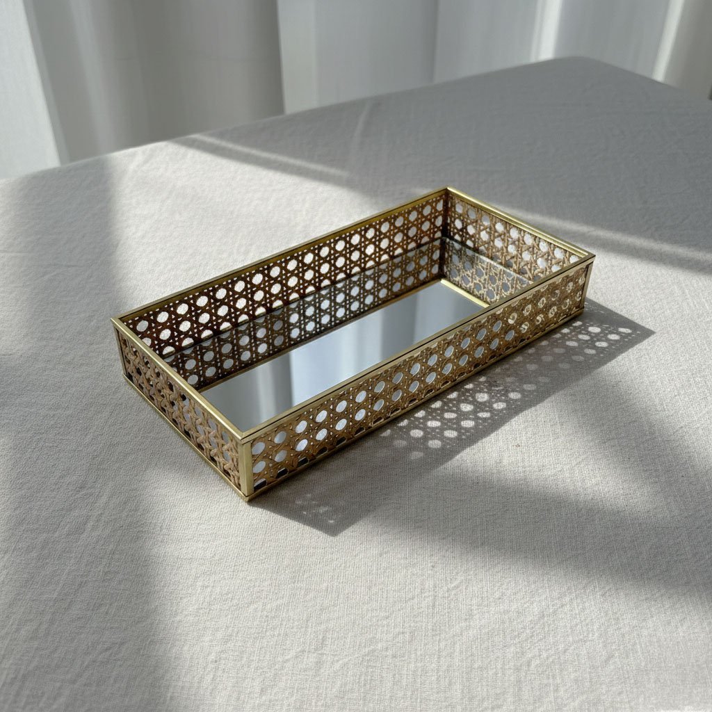 Modern Rectangular Gold Metal Tray with Natural Rattan Inlay & Mirror Base - Image 5