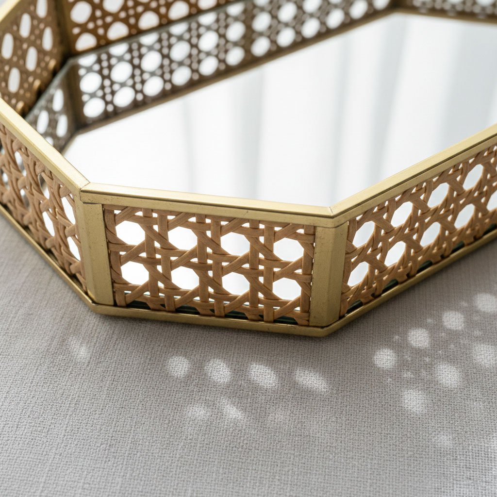 Modern Geometric Rattan & Gold Metal Mirror Tray - Hexagon & Octagon Vanity Set - Image 2