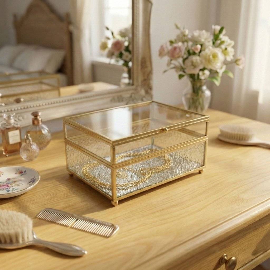 Modern Rectangular Glass Jewelry Box - Clear Keepsake Case with Gold Metal Frame