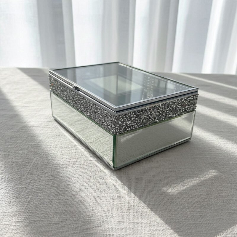 Modern Rectangular Glass Jewelry Box with Crushed Diamond Detail & Silver Metal Frame