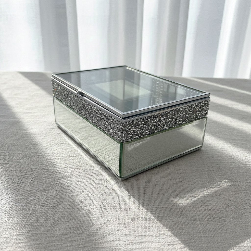 Modern Rectangular Glass Jewelry Box with Crushed Diamond Detail & Silver Metal Frame