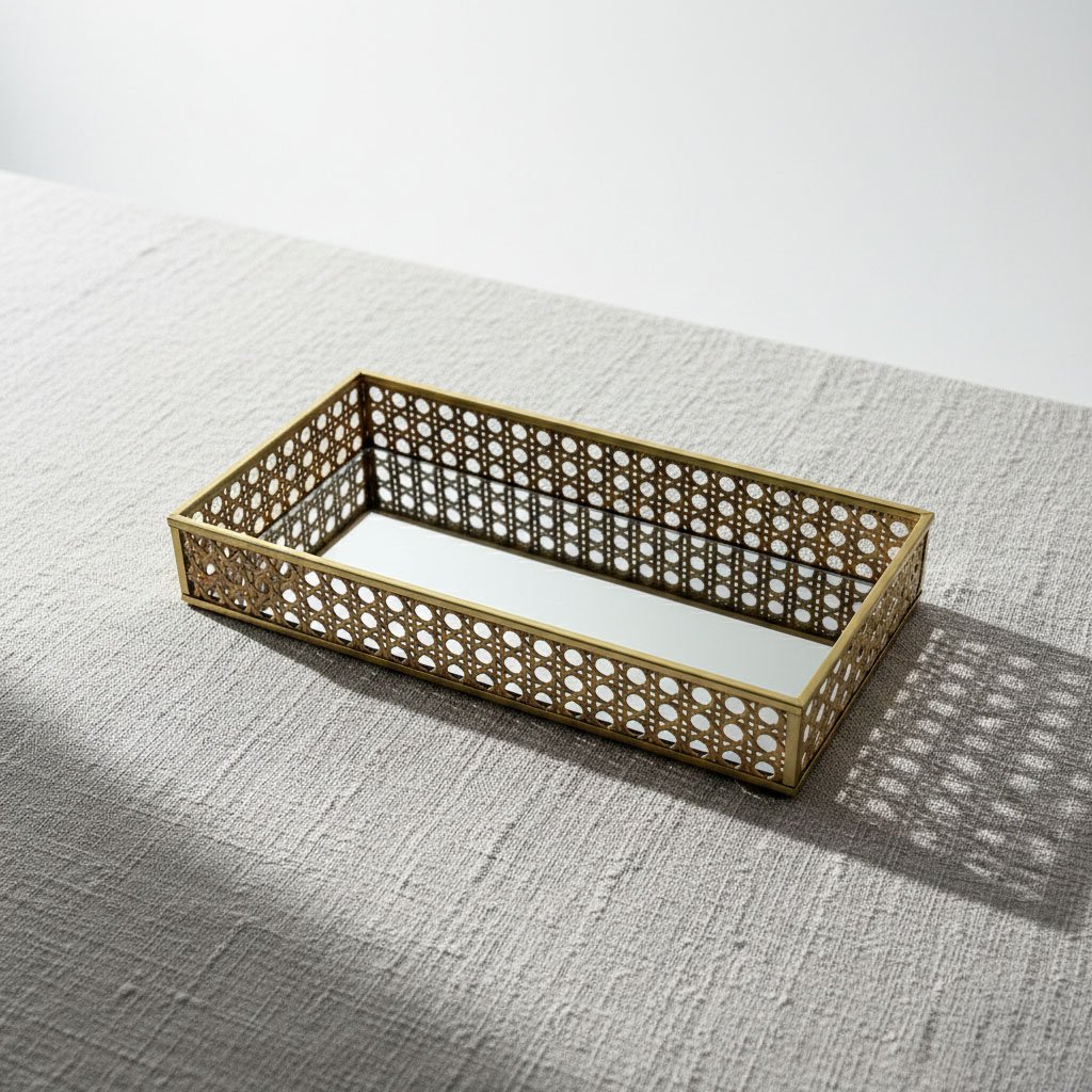 Modern Rectangular Gold Metal Tray with Natural Rattan Inlay & Mirror Base - Image 4