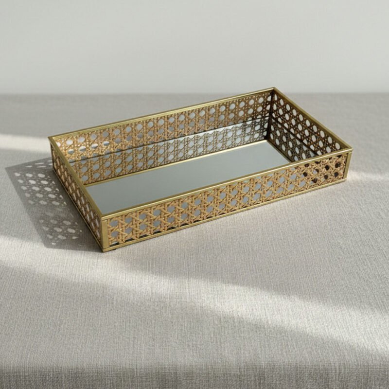 Modern Rectangular Gold Metal Tray with Natural Rattan Inlay & Mirror Base