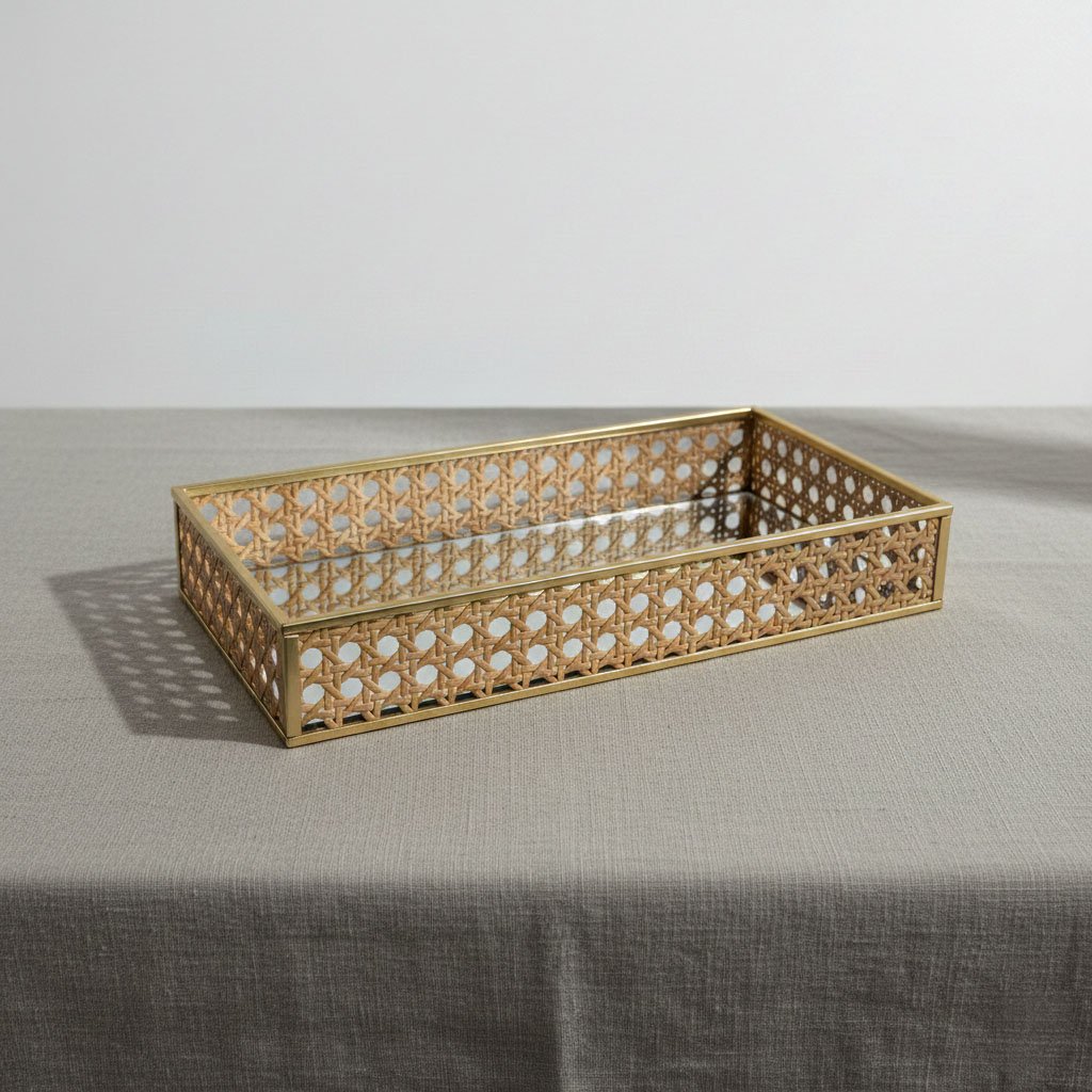 Modern Rectangular Gold Metal Tray with Natural Rattan Inlay & Mirror Base - Image 3