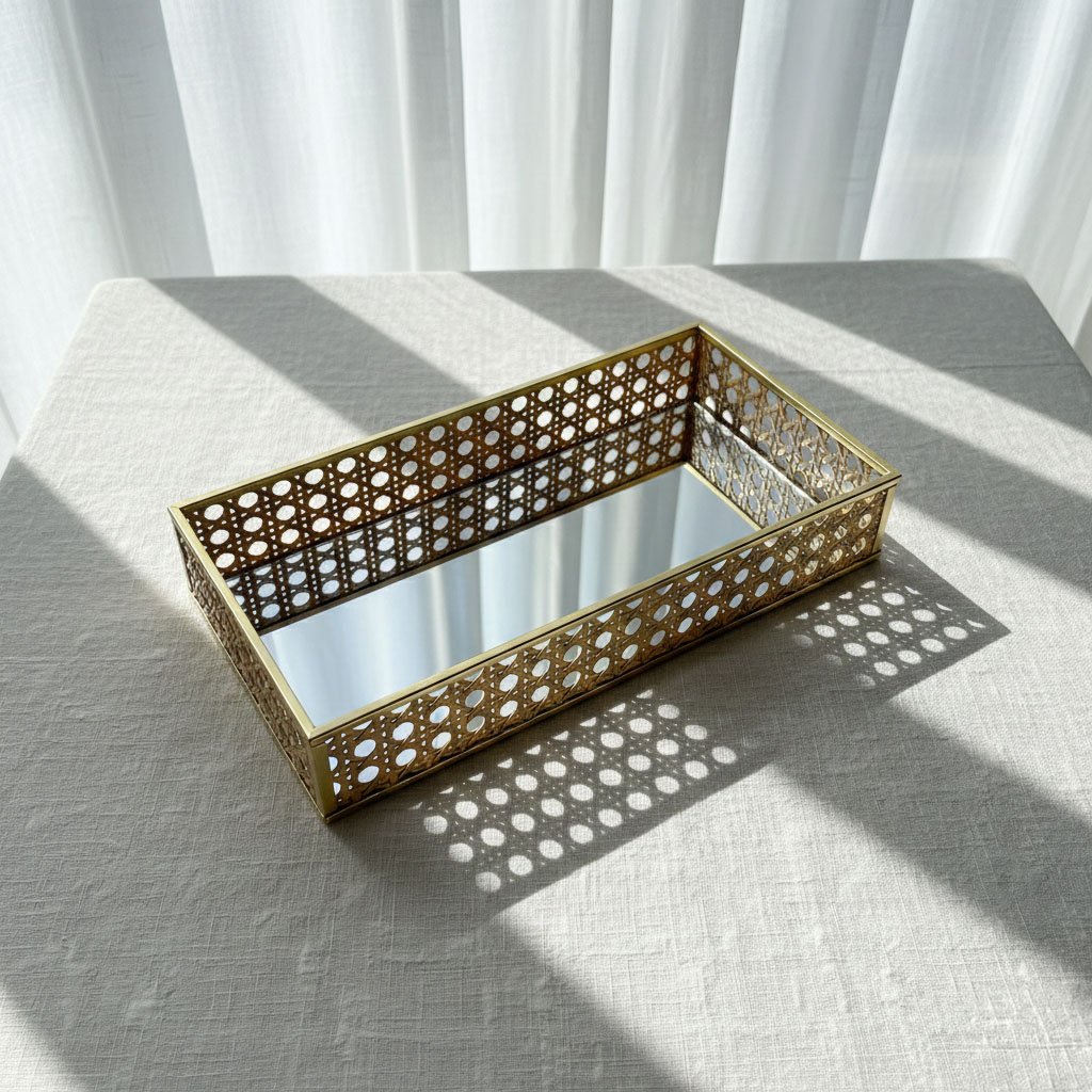 Modern Rectangular Gold Metal Tray with Natural Rattan Inlay & Mirror Base - Image 2