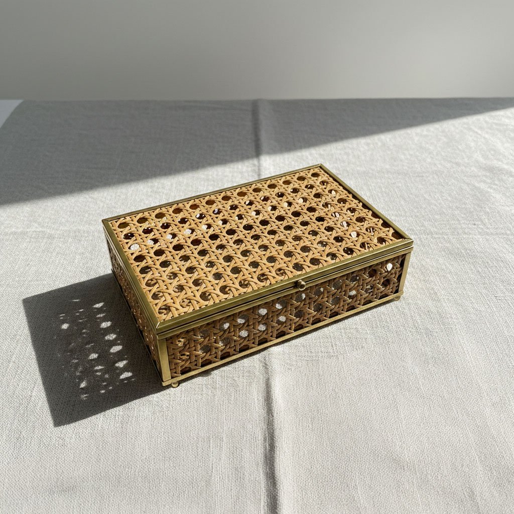 Vintage Rectangular Gold Metal Jewelry Box with Natural Rattan Weave Detail - Image 5