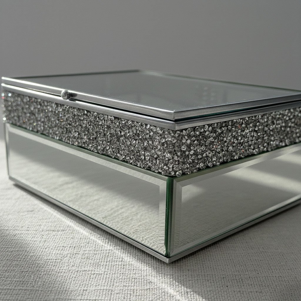 Modern Rectangular Glass Jewelry Box with Crushed Diamond Detail & Silver Metal Frame - Image 2