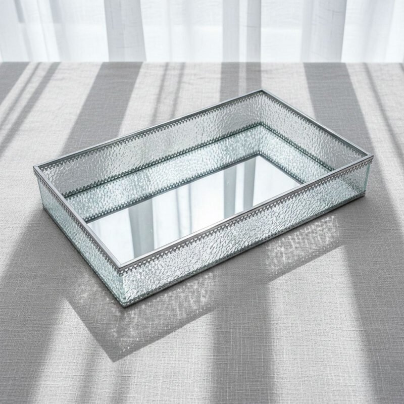 Elegant Rectangular Silver Mirrored Tray - Patterned Glass Vanity Organizer with Beaded Edge
