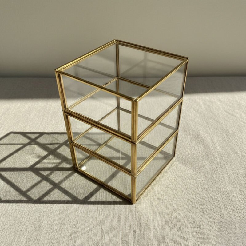 Modern 3-Tier Rotating Glass Jewelry Box - Gold Metal Frame Swivel Stackable Display Case