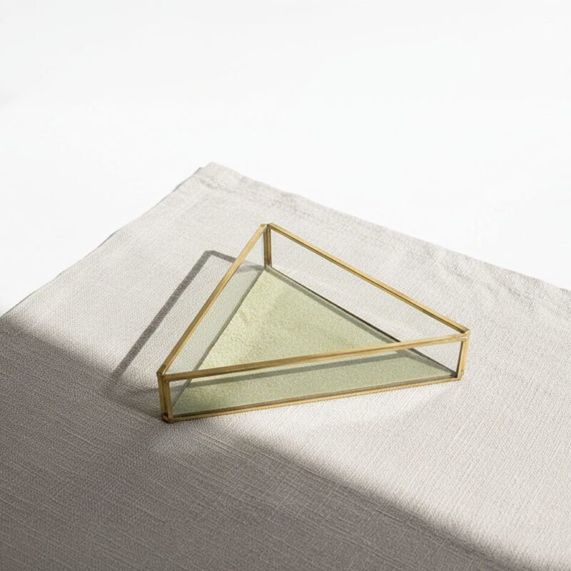 Modern Triangle Brass Display Tray - Geometric Glass Decor with Green Velvet Base