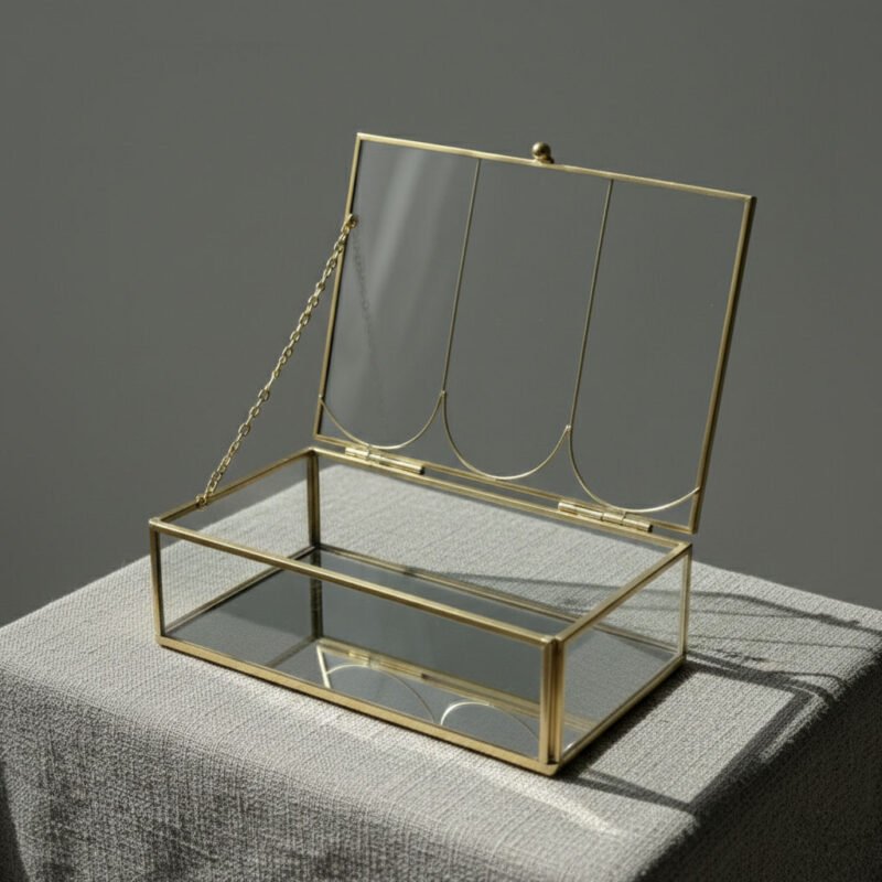 Modern Rectangular Brass Jewelry Box - Triple Arch Design Glass Keepsake Case