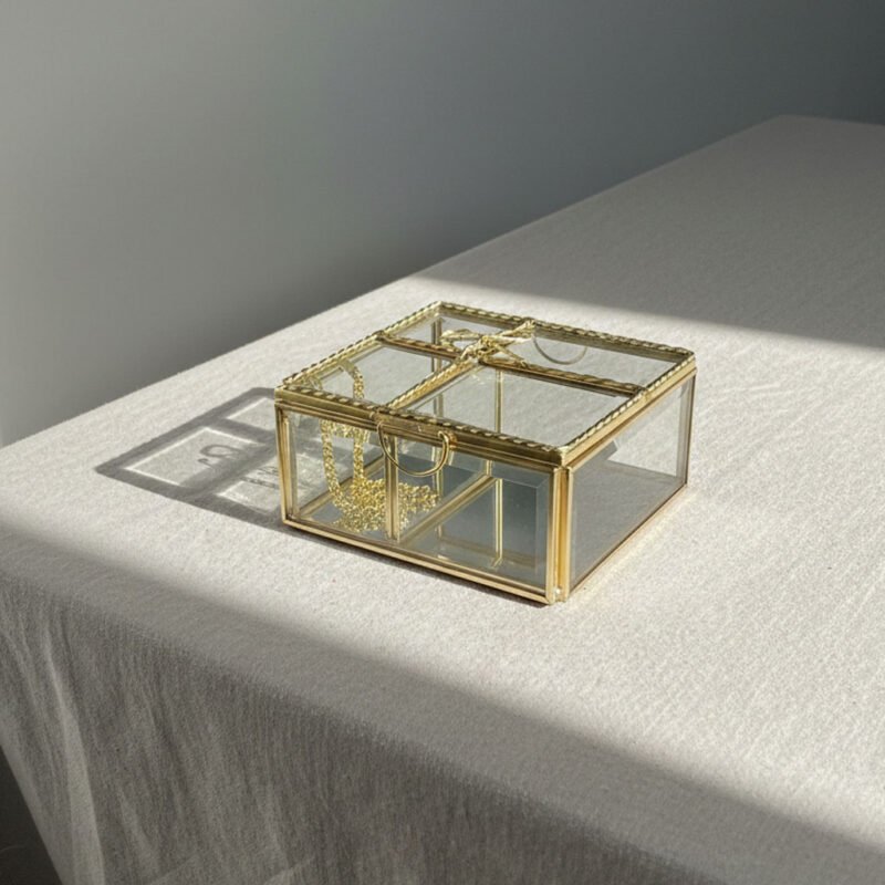 Vintage Rectangular Brass Jewelry Box - Twisted Rope Edge Glass Keepsake Chest