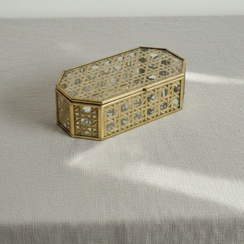 Octagonal Glass Jewelry Box with Mesh Silk-Screen Print - Gold Metal Keepsake Chest