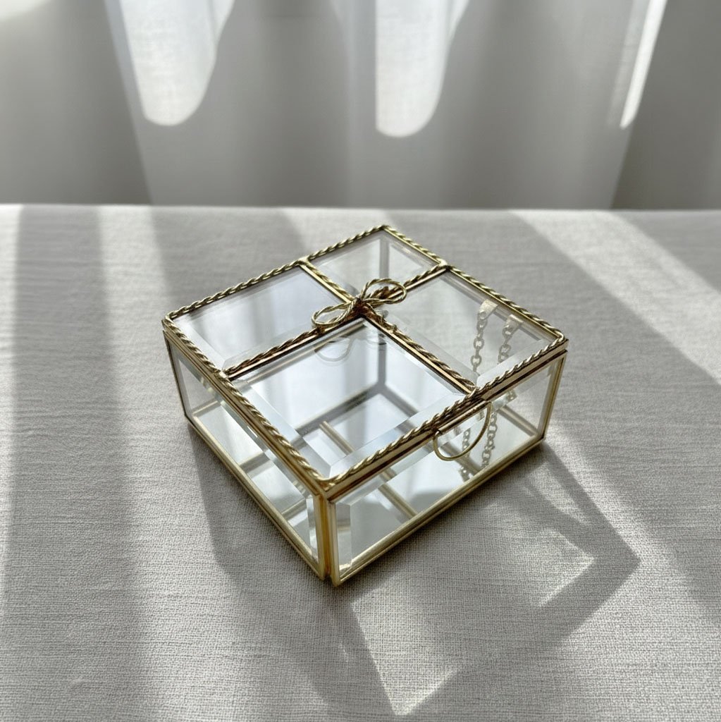 Vintage Rectangular Brass Jewelry Box - Twisted Rope Edge Glass Keepsake Chest - Image 4