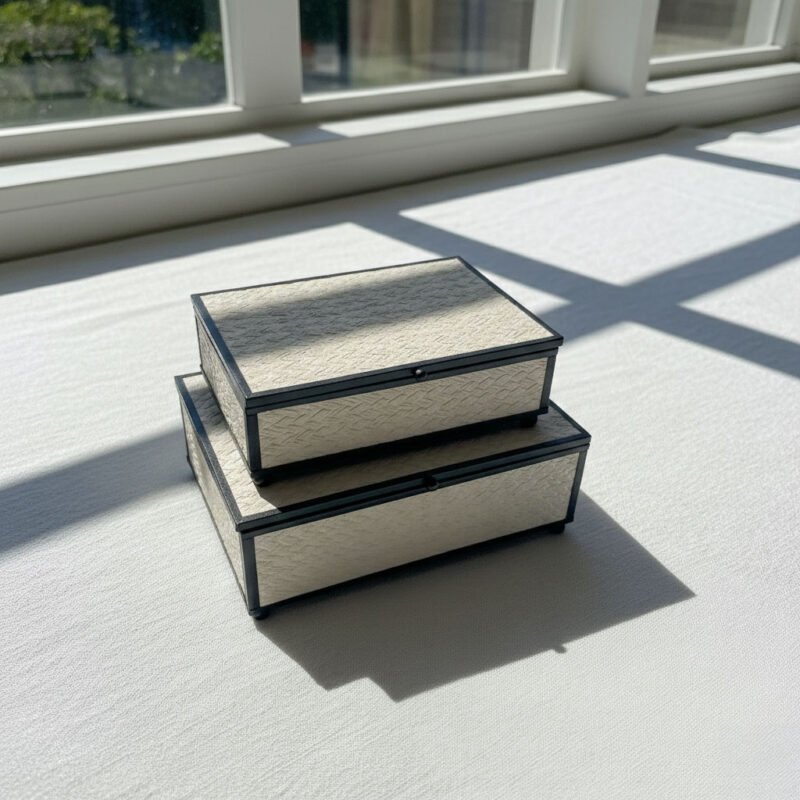 Modern 2-Piece Nesting Jewelry Box Set - White Textured Leather & Black Metal Frame