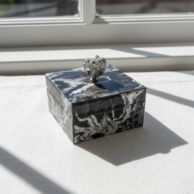 Luxurious Marble-Pattern Mirrored Glass Jewelry Box - MDF Structure with Crystal Knob